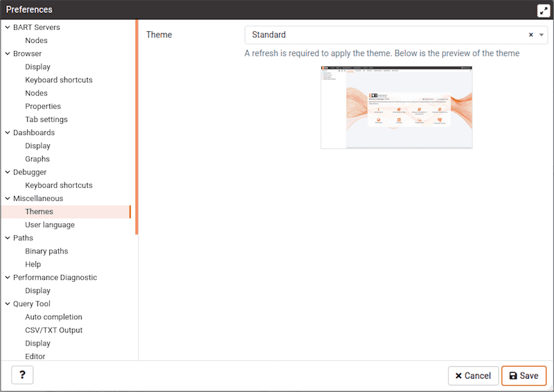 Preferences dialog - Themes section