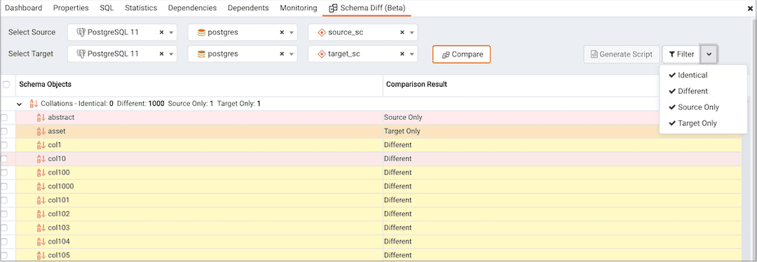 Schema diff filter option